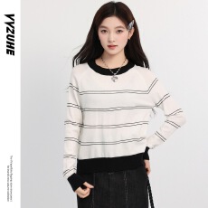 批发韩系减龄白色<b class='q'>条纹</b><b class='q'>针织</b>圆领长袖秋季显瘦修身打底上衣