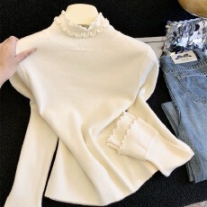 批发法式木耳边灰色半高领针织打底衫女秋<b class='q'>冬</b>季新款花边修身长袖上衣