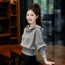 批发新款时尚连帽纯色抽绳针织针织衫休闲韩系慵懒洋气上衣打底秋<b class='q'>冬</b>