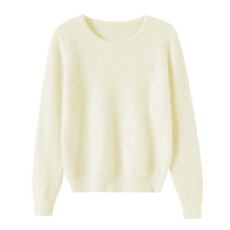 批发韩版纯色长袖针织打底上衣<b class='q'>宽松</b>慵懒两条仿貂圆领针织衫长袖上衣女