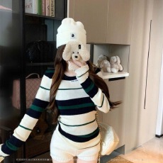 批发韩系撞色条纹<b class='q'>圆领</b>长袖<b class='q'>针织</b>衫秋冬新款辣妹短款修身显瘦打底上衣