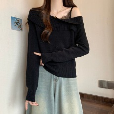 批发纯欲秋<b class='q'>冬</b>新款斜肩高级设计感拼接长袖针织衫女假两件显瘦内搭上衣