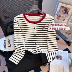 批发撞色条纹复古秋季<b class='q'>圆领</b><b class='q'>针织</b>毛衣<b class='q'>开衫</b>长袖宽松新款上衣外套ins