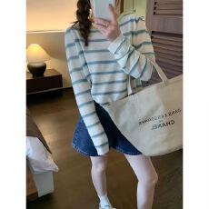 批发粉色条纹长袖t恤女秋款高级感宽松休闲学院风小个子<b class='q'>打底衫</b>上衣ins