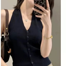 批发韩系气质马夹v领挂脖式吊带背心女夏季外穿短款修身收腰无袖上衣