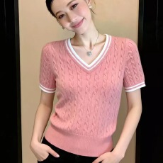 批发<b class='q'>甜美</b>正肩V领麻花短袖针织衫女夏季2026新款基础款修身显瘦上衣nis