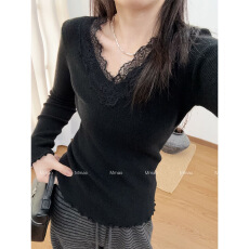 批发秋冬<b class='q'>韩版</b>木耳边蕾丝边V领修身显瘦内搭安迪绒针织衫上衣