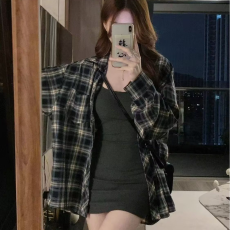 批发[] 幂式穿搭格子衬衫女慵懒风复古宽松衬衣开衫外套长袖上衣