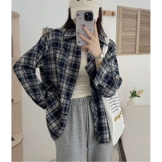 批发[] 幂式穿搭格子衬衫女慵懒风复古宽松衬衣开衫外套长袖上衣
