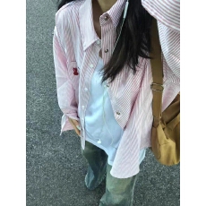 批发日系休闲条纹长袖<b class='q'>衬衫</b>女情侣装复古刺绣<b class='q'>衬衣</b>上衣<b class='q'>外套</b>女