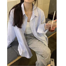 批发[] 防晒条纹<b class='q'>衬衫</b>女装夏新款休闲通勤设计感小众长袖<b class='q'>衬衣</b>上衣