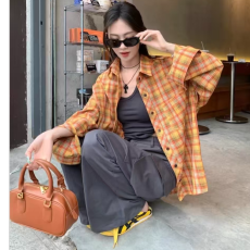 批发[] 美式复古黄色格子衬衣外套女春季慵懒风宽松休闲防晒格纹