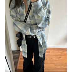 批发[] 法式设计感小众蓝色格子衬衫外套女装2026早<b class='q'>春</b>新款衬衣上