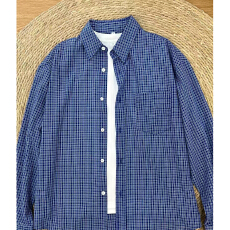 批发[] 早<b class='q'>春</b>美式复古经典格纹衬衣蓝色慵懒长袖衬衫女百搭宽松格