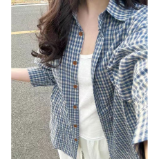 批发[] 新款慵懒风格子衬衫复古休闲格纹宽松外套2026显瘦上衣