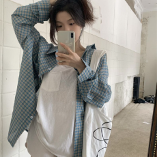批发[] 蓝色格子polo领长袖防晒衬衫女夏季薄款外搭衬衣外套百搭