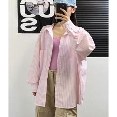 批发[] 慵懒大码条纹宽松显瘦粉色新款oversize外穿衬衫时尚开衫