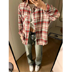 批发[] 美式复古格纹长袖衬衫女夏季2026新款薄款休闲防晒衬衣高