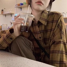 批发[] 港风复古咖色格子衬衫女<b class='q'>春</b>季小个子磨毛衬衣薄外套休闲开