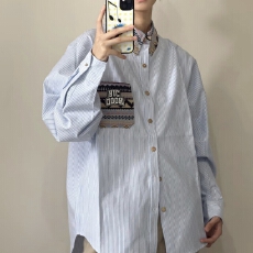 批发[] 民族风刺绣条纹衬衫女春季长袖<b class='q'>外套</b>宽松休闲撞色翻领薄款