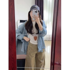 批发[] 蓝色格子polo领长袖防晒衬衫女<b class='q'>夏季</b>薄款外搭衬衣外套百搭