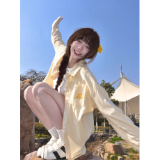 批发[] 小个子黄色美式复古条纹<b class='q'>Polo</b>领衬<b class='q'>衫</b>外套女早春设计感开<b class='q'>衫</b>