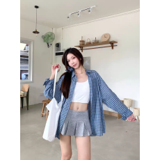 批发[] 韩版宽松慵懒风防晒衬衫女<b class='q'>夏</b>薄款复古格子长袖衬衣外套