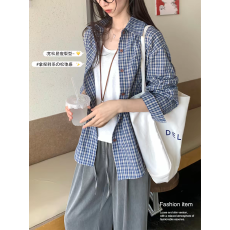 批发[] 蓝色格子慵懒风韩系衬衫女<b class='q'>夏</b>季宽松防晒上衣长袖外搭衬衣
