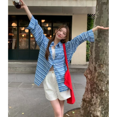 批发慵懒风撞色条纹<b class='q'>衬衫</b>宽松休闲长袖上衣女2026秋新款百搭韩版潮