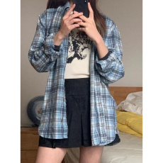 批发港风格子衬衫新款女慵懒风宽松上衣潮休闲百搭秋季设计感<b class='q'>韩版</b>小众