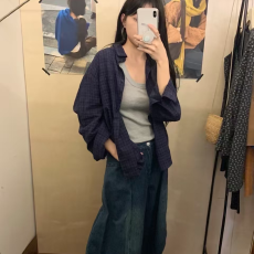 批发复古蓝格纹宽松衬衫女慵懒风oversize百搭显瘦<b class='q'>长袖</b>防晒衬衣