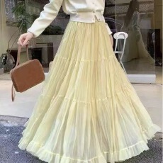 批发法式温柔风中长款大摆伞裙女春季新款高腰<b class='q'>网纱</b>A字褶皱百褶半身裙