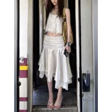 批发法式芭蕾风大摆设计感小众中长裙夏季不规则褶皱大裙摆低腰半裙