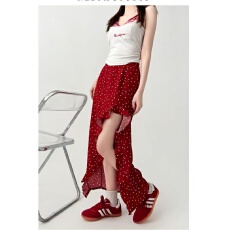 批发<b class='q'>不规则</b>荷叶边<b class='q'>半身裙</b>女2026夏季新款开叉红色碎花裙鱼尾包臀中长裙