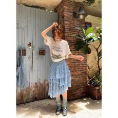 批发2026韩系春秋日蓝色A字<b class='q'>半身裙</b>女碎花<b class='q'>不规则</b>百搭显瘦中长裙超仙