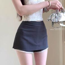 批发灰色<b class='q'>蕾丝</b>花边西装短裙女夏季新款高腰包臀辣妹a字半身裙裤小个子