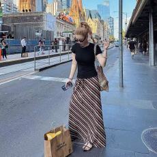 批发春日古巴度假风复古条纹一片裹身裙秋<b class='q'>冬</b>款设计感高腰小众半身裙子