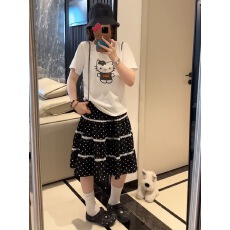 批发韩系慵懒穿搭黑色波点裙拼接蕾丝花边a字半身裙子女蛋糕裙小个子