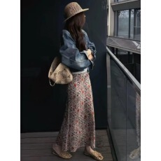 批发法式复古度假风印花<b class='q'>半身裙</b>女2026新款民族风高腰显瘦A字裙长裙潮
