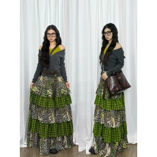 批发森系<b class='q'>百搭</b>设计复古多层豹纹拼接格子半身裙2026春款显瘦花边蛋糕裙