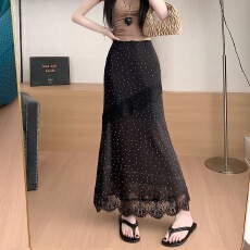 批发法式蕾丝拼接波点<b class='q'>半身裙</b>女2025夏季新款气质高腰显瘦时尚休闲长裙