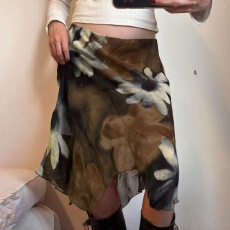 批发美式复古花卉印花网纱拼接不规则裙度假风修身显瘦低腰半裙2026