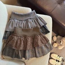 批发辣妹碎花格纹蓬蓬蛋糕短裙秋<b class='q'>冬</b>高腰A字双层半身裙女