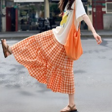 批发韩系简约橘色格子高腰半身<b class='q'>裙</b>秋季款2026休闲百搭A字<b class='q'>裙</b><b class='q'>伞</b><b class='q'>裙</b>中长<b class='q'>裙</b>