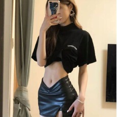 批发复古辣妹低露腰V设计单开叉内里短裤裙p皮裙短裙性感包臀皮半身裙