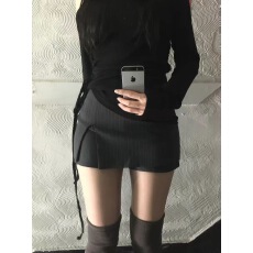 批发复古黑色条纹开叉裤裙防走光低腰显瘦半身裙女迷你西装包臀裙女