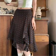 批发韩系设计感撞色波点高腰显瘦A字不规则下摆飘逸垂感半身裙