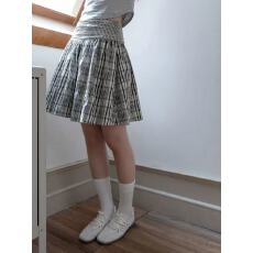 批发<b class='q'>复古</b>格纹百褶半身裙女春夏学院风拼接设计感高腰显瘦蓬蓬捏褶短裙