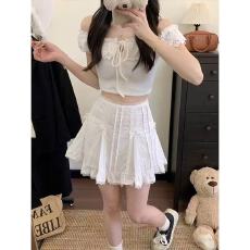批发甜美白色显瘦<b class='q'>半身裙</b>女夏季百搭蝴蝶结蕾丝木耳边高腰A字<b class='q'>包臀</b>短裙
