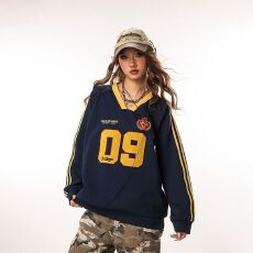 批发美式重磅嘻哈卫衣女2026春季新款V领球衣情侣装宽松外套